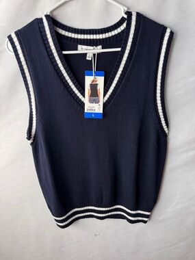 Navy Knit V-Neck Sweater Vest with White Stripes
